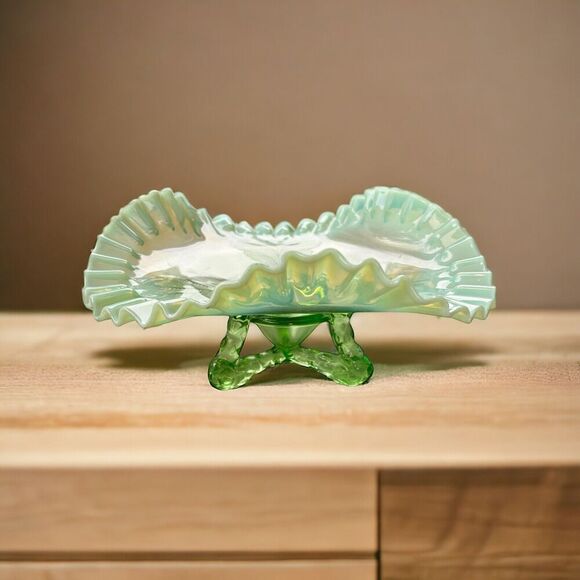 Vintage Green Opalescent Pressed Glass 3 Footed Ruffled Design Candy Dish 8 1/2" - Picture 1 of 9